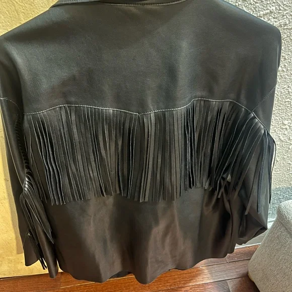 Mango Black Fringe Leather Jacket - Picture 6 of 7